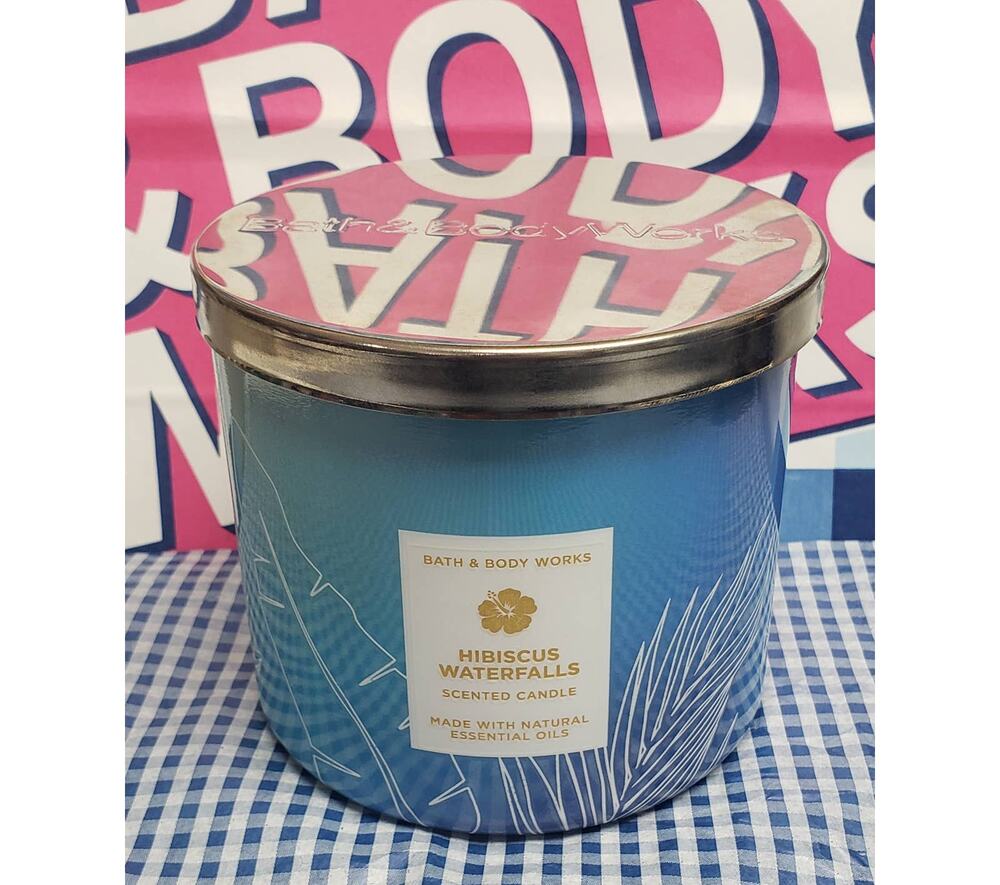 BBW Hibiscus Waterfalls Shiny Blue Glass Jar Large 3 Wick Candle Home Fragrance
